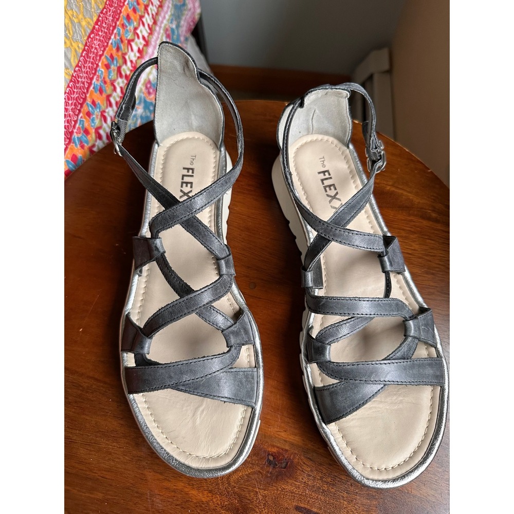 The FLEXX Women Strappy Leather Sandals Pewter Grey Sawtooth Platform US 11 43